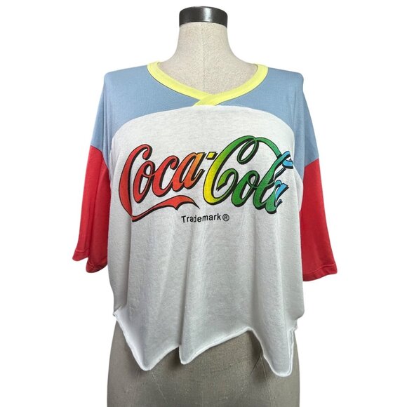 CHASER COCA COLA Graphic Crop Tee S White Colorblock VNeck Oversize Cotton Blend - Picture 4 of 8